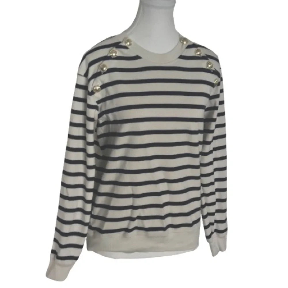 Cotton DEREK LAM IO Navy & Cream Knit Top Sweater Shirt Designer Gold Buttons SM - Picture 2 of 11